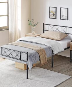 Yaheetech Cama Individual de Metal 90x190 cm Altura 32cm con Cabecero Negro | Base de Cama Individual con Espacio de Almacenamiento Estilo Moderno