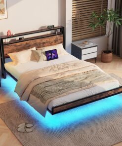 Cama flotante de 120 x 200 cm con iluminación LED y regleta de enchufes, efecto flotante, cama doble, cama juvenil, 120 x 200 cm, de madera y metal, con espacio de almacenamiento, para