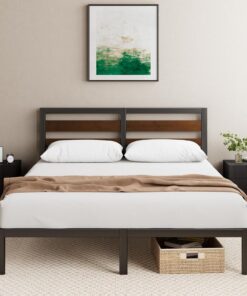 Zinus Cama Kai de 140 x 200 cm – 80 cm de Alto – Somier de bambú y Metal sostenible con cabecero – Cama de Metal con somier – Espacio bajo Cama – Fácil Montaje – Negro y marrón