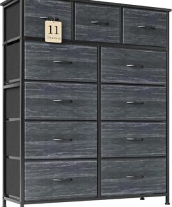 Cómoda con 11 cajones, cabina moderna para dormitorio, cajones de tela con parte superior de madera, marco de metal resistente, unidad de almacenamiento alta negra para pasillo