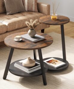 YITAHOME Mesa de Centro Redonda, Juego de 2 Mesas Auxiliares, Mesas Bajas Nido con Mesa Auxiliar en Forma de C, Mesa de Sofá con Espacio de Almacenamiento para Salón, Dormitorio, Marrón Rústico