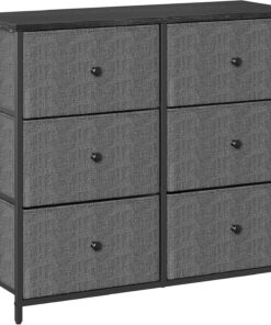 SONGMICS Cómoda con 6 cajones de Tela con Marco de Metal, Organizador de Almacenamiento, cómoda para guardería, Dormitorio, Pasillo, Gris y Negro con Grano de Madera LTS323G22