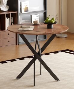 Mesa de comedor redonda pequeña para 2 personas, mesa de cocina retro de 80 cm con parte superior de madera, estilo industrial, marrón rústico y negro, perfecta para comedor, apartamentos