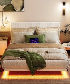 Marco de cama de 120 x 200 cm con cabecera, efecto visual flotante, cama con iluminación LED, estación de carga, cama doble para adolescentes, color blanco