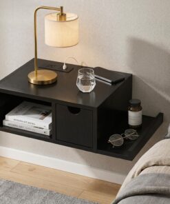 Afuly Mesita de noche flotante con estación de carga, soporte de pared negro con cajón, mesita de noche colgante, mesa auxiliar moderna de madera maciza para dormitorio, decoración de madera natural