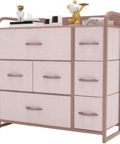 YITAHOME Comoda 7 cajones,Cajonera de Tela,Sinfonier,Robusta Estructura metálica,para Dormitorio, Salón, Pasillo,Rosado