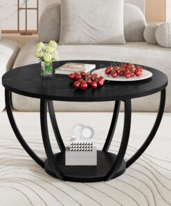 HOMERECOMMEND mesa auxiliar redonda, mesas de centro circulares de madera de 2 niveles con estantes de almacenamiento, decorativa para sala de estar y oficina | Mesas de centro circulares de madera de 2 niveles con estantes de almacenamiento, mesa de sofá para oficina en casa
