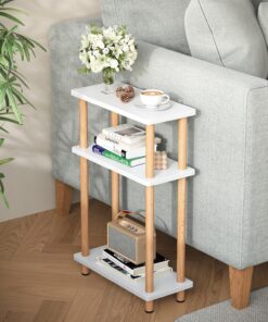 APICIZON Mesa Auxiliar de 3 Niveles, Mesa Auxiliar Sofa Estrecha, Mesita Auxiliar Salon de Estar con Almacenamiento, Ideal para Sala de Estar, balcón, Dormitorio y Estudio, Blanco