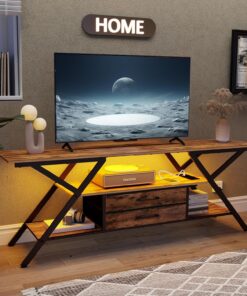 Trironsun Mueble rústico para TV hasta 55 pulgadas con consola de TV, estante de TV, luz LED, 2 compartimentos de almacenamiento, cajones de tela, centro de entretenimiento para dormitorio, salón